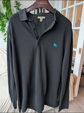 Burberry Men's Black Long-Sleeve Polo Shirt, Men's, Size XL